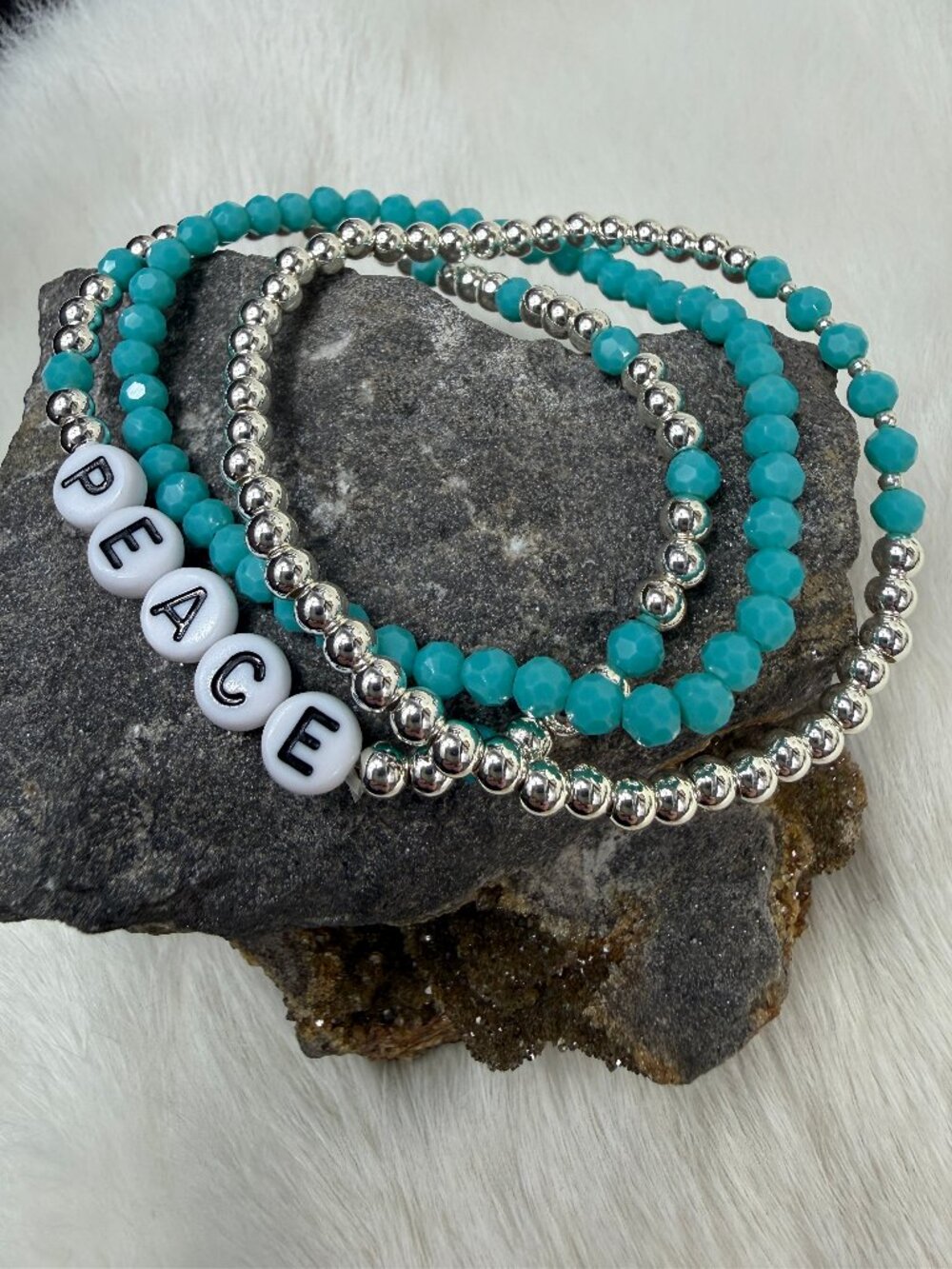 Set of Three Stretch Bracelets Peace Silver Tone & Blue